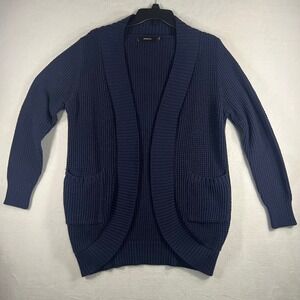 ZESICA Navy Blue Waffle Knit Cardigan Sweater Open Front Pockets Size M